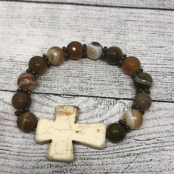 Curated bundle lot 3 roll on/stretch stone bracelets religious cross - Picture 5 of 5